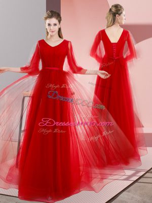 Ideal Tulle V-neck Long Sleeves Lace Up Beading Dress for Prom in Red