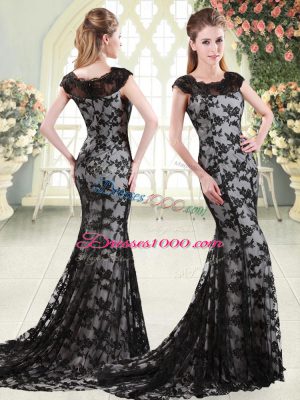 Latest Black Lace Zipper Scoop Sleeveless Sweep Train Appliques