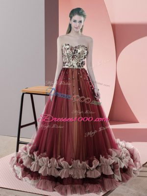 Beading Homecoming Dress Red Lace Up Sleeveless Sweep Train