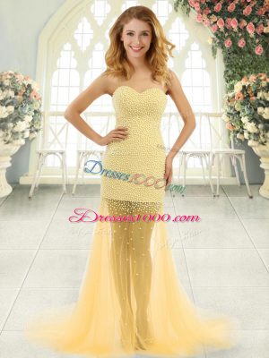 Fancy Gold Column/Sheath Beading Prom Gown Zipper Tulle Sleeveless