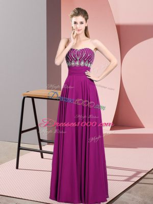 Beading and Ruching Prom Evening Gown Fuchsia Zipper Sleeveless Floor Length