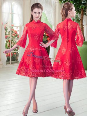 Lace Prom Dress Red Zipper 3 4 Length Sleeve Knee Length