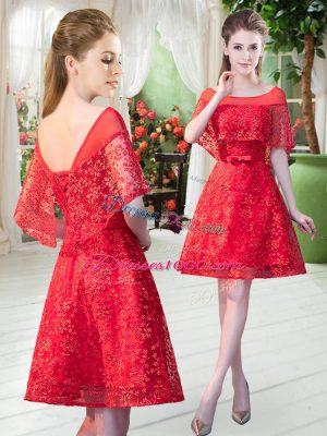 Glorious Red Lace Up Scoop Beading Prom Party Dress Lace Short Sleeves