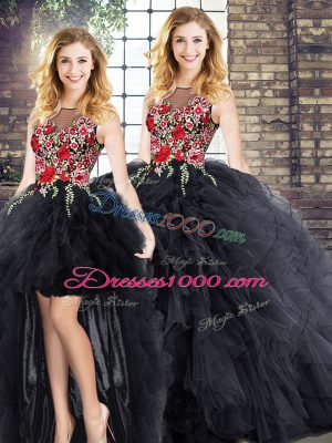 Black Sleeveless Floor Length Embroidery and Ruffles Zipper Quinceanera Gown