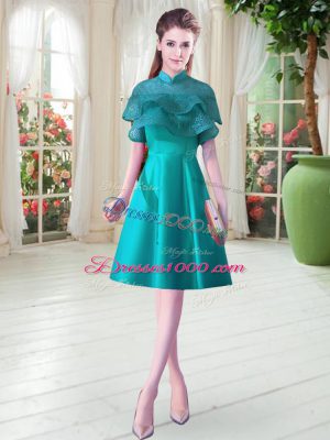 Teal Lace Up High-neck Ruffled Layers Homecoming Dress Satin Cap Sleeves