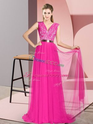 Sweep Train Empire Prom Dress Fuchsia V-neck Tulle Sleeveless Zipper