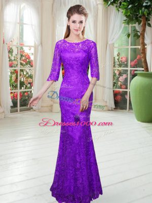 Purple Zipper Prom Dresses Lace Half Sleeves Floor Length