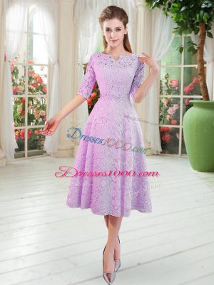 Sexy A-line Lilac V-neck Lace Half Sleeves Tea Length Zipper