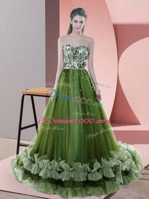 Green A-line Beading and Appliques Prom Dress Lace Up Tulle Sleeveless