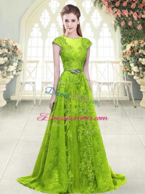 Artistic Zipper Prom Evening Gown Yellow Green for Prom and Party with Beading and Pick Ups Sweep Train