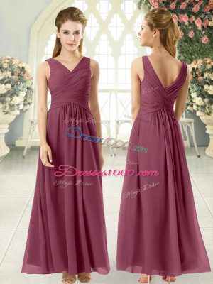 Enchanting Chiffon V-neck Sleeveless Zipper Ruching Prom Party Dress in Burgundy