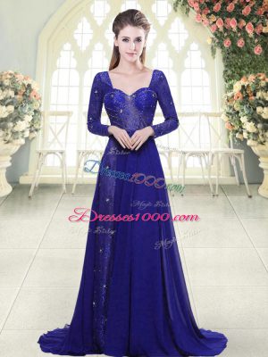 Royal Blue Chiffon Backless Prom Evening Gown Long Sleeves Sweep Train Beading and Lace