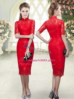 Column/Sheath Evening Dress Red High-neck Half Sleeves Tea Length Zipper