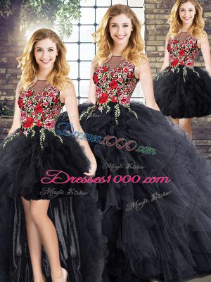 Black Zipper Scoop Sleeveless Floor Length Quinceanera Gown Embroidery and Ruffles