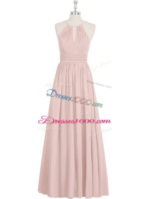 A-line Prom Gown Baby Pink Halter Top Chiffon Sleeveless Floor Length Zipper