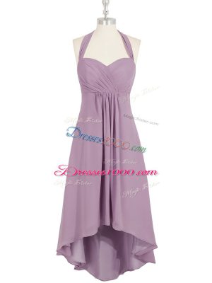 Lilac Sleeveless High Low Ruching Zipper Evening Dress