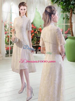 Fine Tea Length Champagne Dress for Prom Short Sleeves Lace