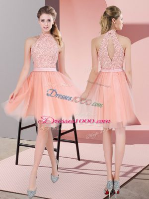 Peach High-neck Neckline Beading Prom Party Dress Sleeveless Zipper