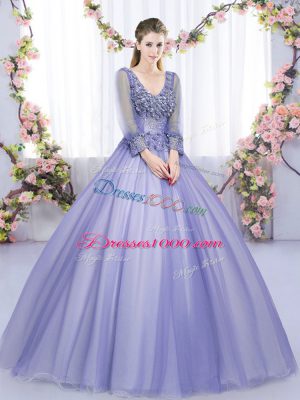 Traditional Lavender V-neck Neckline Lace and Appliques Quinceanera Gown Long Sleeves Lace Up