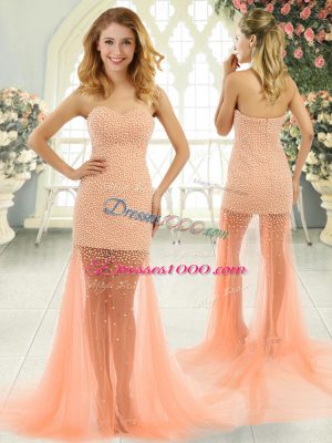 Orange and Peach Tulle Zipper Sweetheart Sleeveless Prom Dress Brush Train Beading