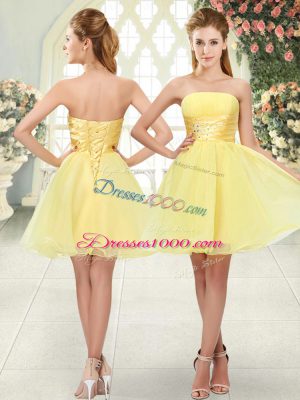 Yellow A-line Strapless Sleeveless Organza Mini Length Lace Up Beading Homecoming Dress