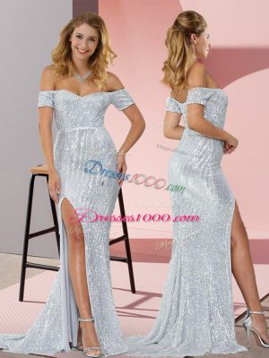 Silver Sequined Off The Shoulder Short Sleeves Dress for Prom Sweep Train Ruching