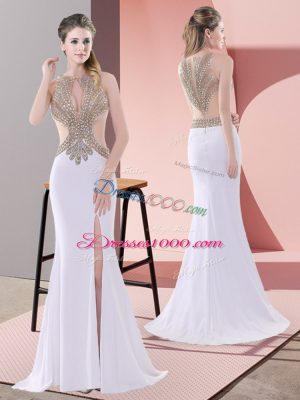 Pretty White Lace Up Scoop Beading and Lace Prom Gown Chiffon Sleeveless Sweep Train