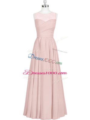 Baby Pink Chiffon Zipper Prom Dresses Sleeveless Floor Length Ruching