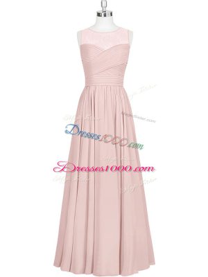 Baby Pink Chiffon Zipper Prom Dresses Sleeveless Floor Length Ruching