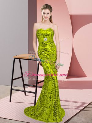Beautiful Sweetheart Sleeveless Sweep Train Lace Up Prom Evening Gown Apple Green Sequined