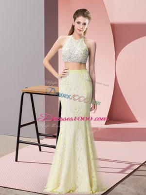 Halter Top Sleeveless Lace Prom Dresses Beading Backless