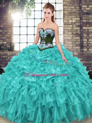 Luxury Sweetheart Sleeveless Sweet 16 Quinceanera Dress Sweep Train Embroidery and Ruffles Turquoise Organza