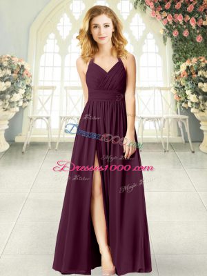 Halter Top Sleeveless Prom Dress Floor Length Ruching Burgundy Chiffon