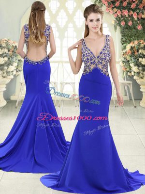 Blue Sleeveless Sweep Train Beading