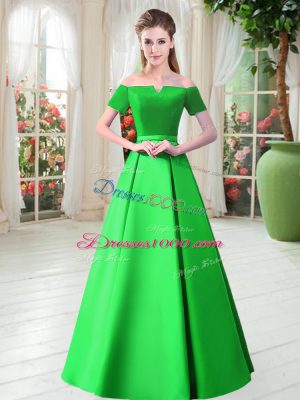 Green A-line Off The Shoulder Short Sleeves Satin Floor Length Lace Up Belt Evening Dress