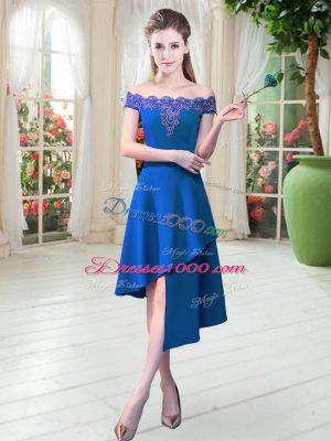 Cute Off The Shoulder Sleeveless Dress for Prom Asymmetrical Appliques Royal Blue Satin