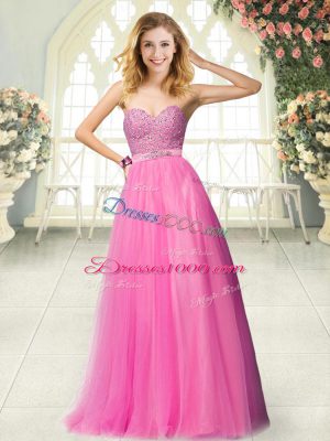 Romantic Hot Pink Tulle Zipper Sweetheart Sleeveless Floor Length Dress for Prom Beading