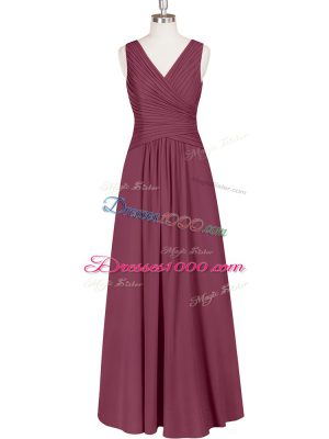 Burgundy Chiffon Zipper Homecoming Dress Sleeveless Floor Length Ruching