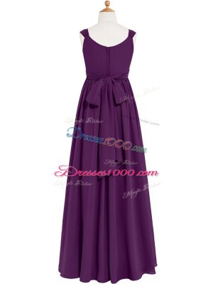 Fantastic Eggplant Purple Empire Straps Sleeveless Chiffon Floor Length Zipper Ruching Dress for Prom