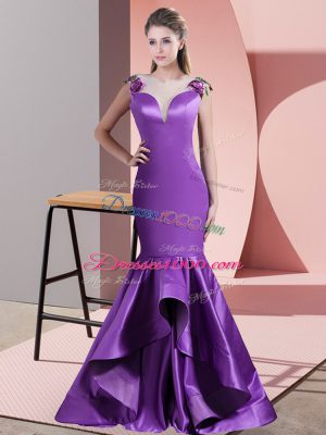 Great Scoop Sleeveless Satin Evening Dress Appliques Sweep Train Side Zipper