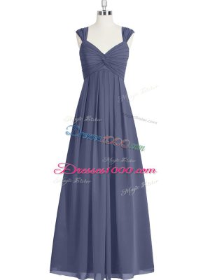 Blue A-line Ruching Prom Gown Zipper Chiffon Sleeveless Floor Length