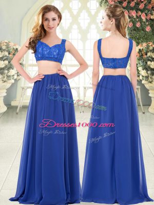 Customized Royal Blue Chiffon Zipper Straps Sleeveless Floor Length Prom Party Dress Beading and Lace