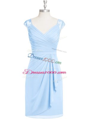 Light Blue Homecoming Dress Prom and Party and Military Ball with Appliques and Ruching V-neck Cap Sleeves Zipper