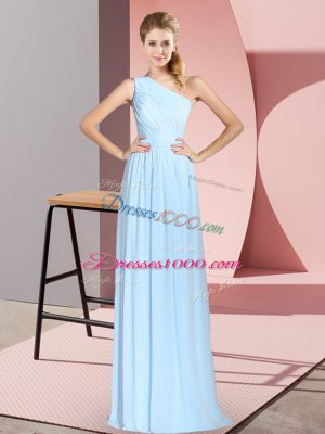 Sleeveless Floor Length Ruching Lace Up Prom Dresses with Blue