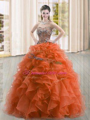 Sleeveless Floor Length Beading and Ruffles Lace Up Quinceanera Gowns with Rust Red
