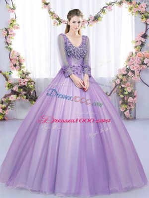Lavender Tulle Zipper V-neck Long Sleeves Floor Length Quinceanera Gown Lace and Appliques