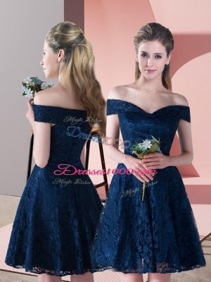 Navy Blue A-line Off The Shoulder Sleeveless Mini Length Lace Up Lace Prom Party Dress