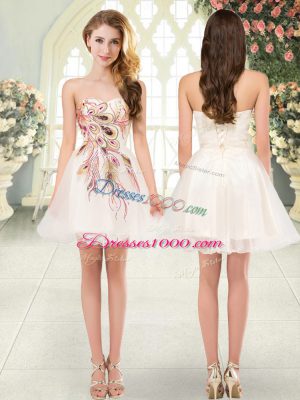 New Style Champagne A-line Tulle Sweetheart Sleeveless Beading and Appliques Mini Length Lace Up Dress for Prom