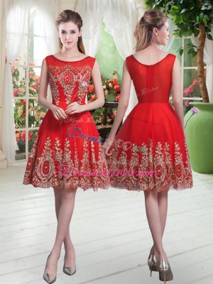High End Red Tulle Zipper Prom Gown Sleeveless Knee Length Beading and Appliques