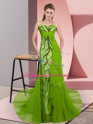 Elegant Green Prom Party Dress Tulle Sweep Train Sleeveless Beading and Lace